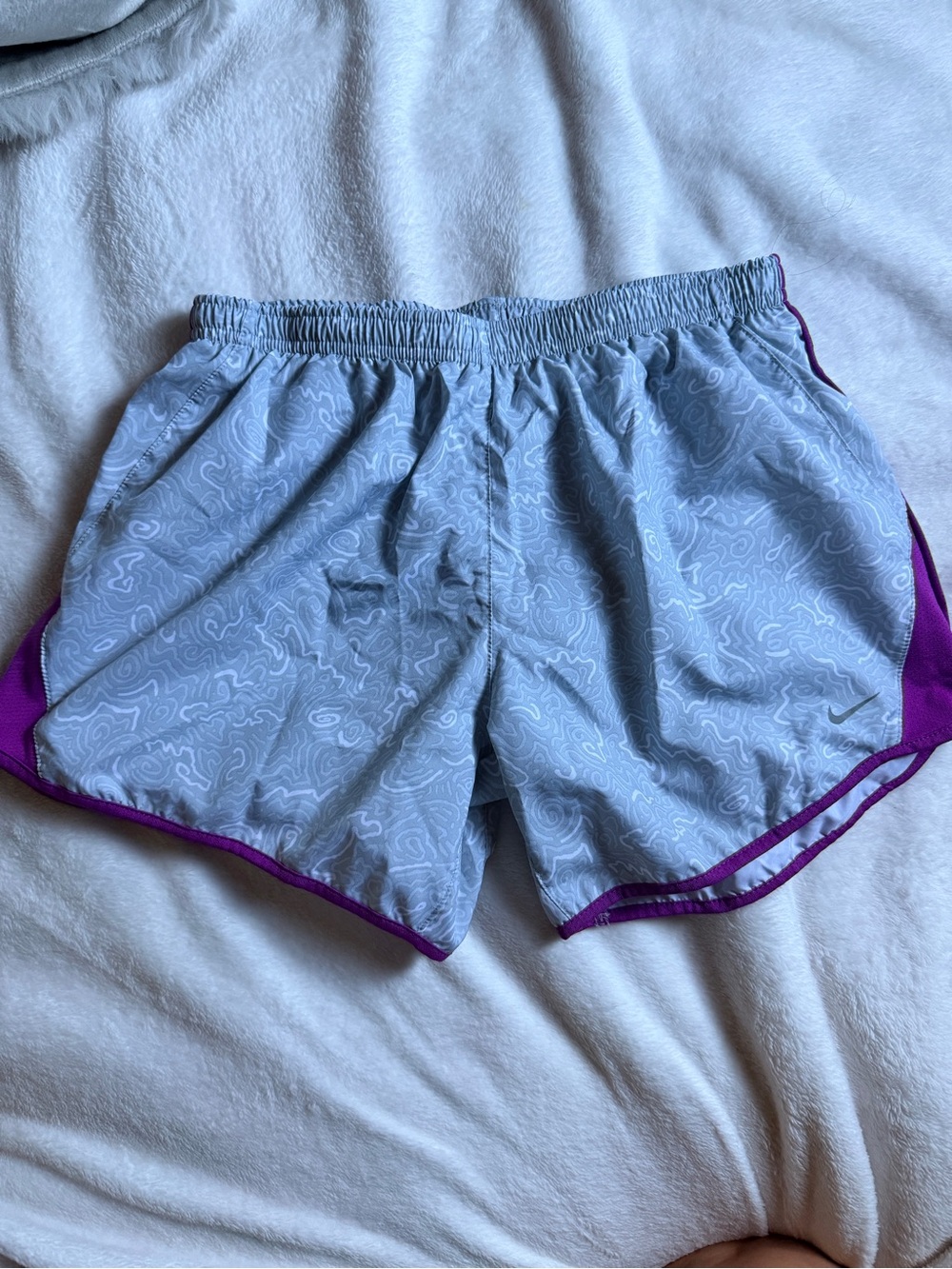 Nike Women's Light Gray Athletic Shorts with Purple Trim